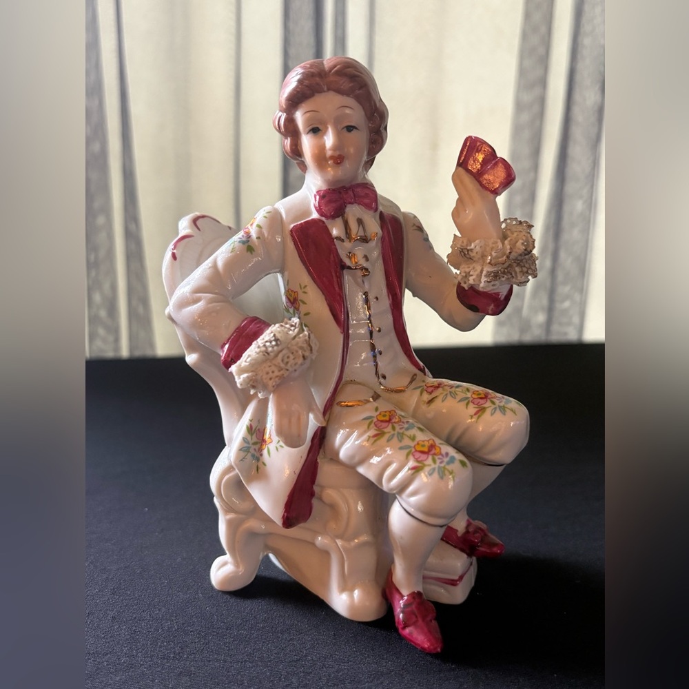 Vintage Large Porcelain Dresden Lace Style Man Playing Cards Figurine 6"
